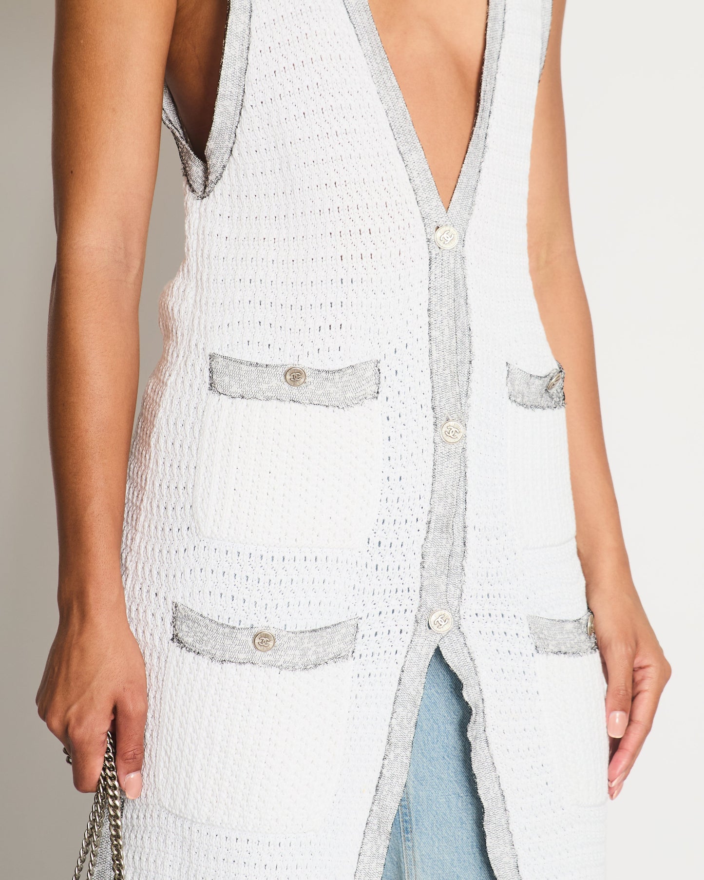 Chanel White Long Line Button Down Vest with Pocket Detail FR 38 (UK 10) Accessory