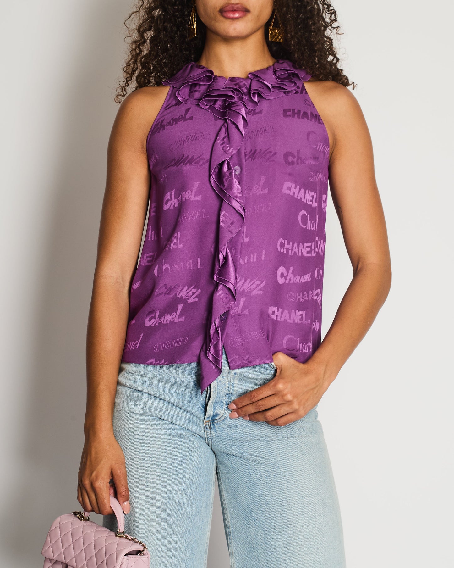 Chanel Purple Silk Sleeveless Button Down Top with Ruffle Neckline and Logo Detail Size FR 38 (UK 10) Accessory