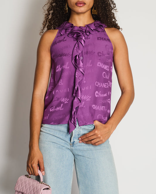 Chanel Purple Silk Sleeveless Button Down Top with Ruffle Neckline and Logo Detail Size FR 38 (UK 10) Accessory