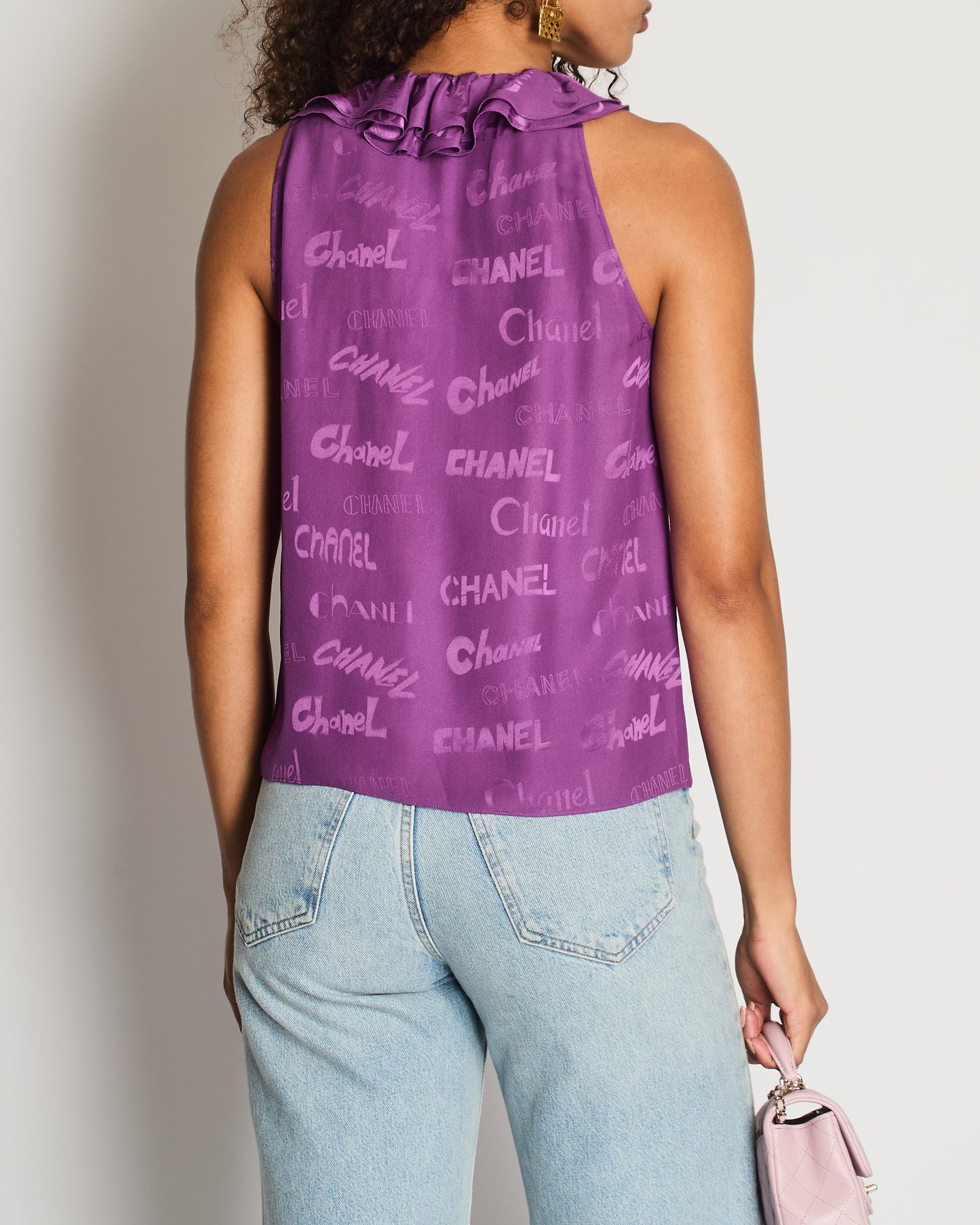 Chanel Purple Silk Sleeveless Button Down Top with Ruffle Neckline and Logo Detail Size FR 38 (UK 10) Accessory