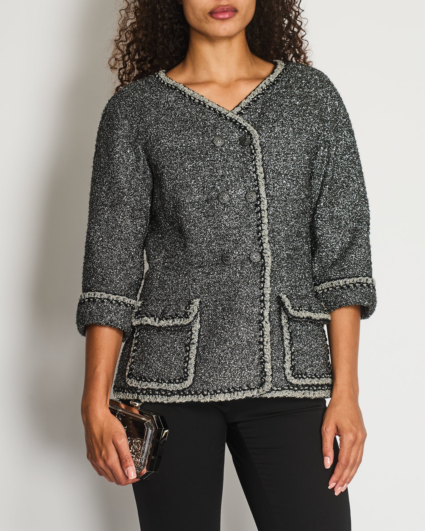 Chanel *HOT* 14/P La Petite Veste Noire Tweed Charcoal Grey Jacket with Silver Detail Size FR 42 (UK 14)