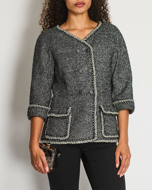Chanel *HOT* 14/P La Petite Veste Noire Tweed Charcoal Grey Jacket with Silver Detail Size FR 42 (UK 14)