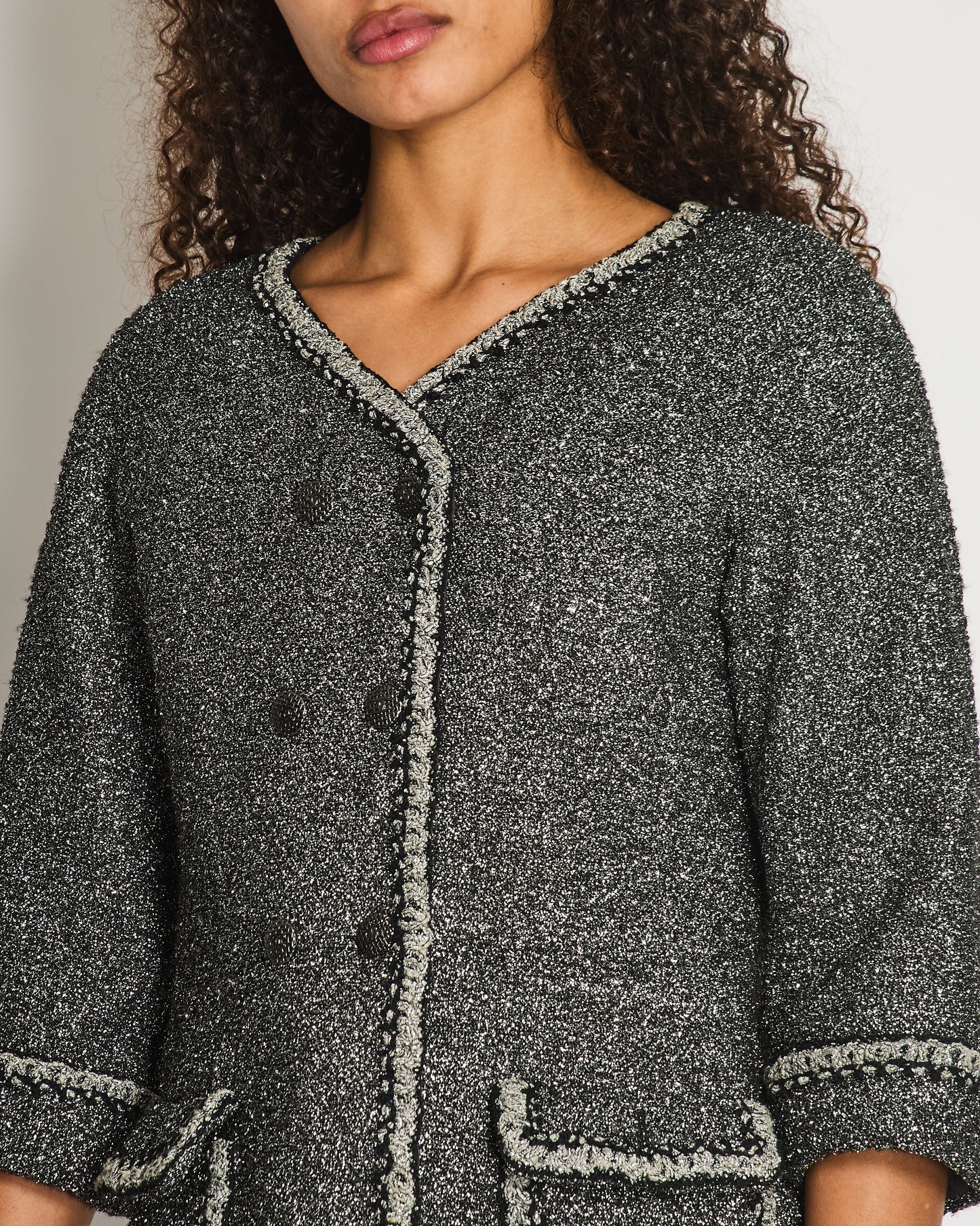 Chanel *HOT* 14/P La Petite Veste Noire Tweed Charcoal Grey Jacket with Silver Detail Size FR 42 (UK 14)