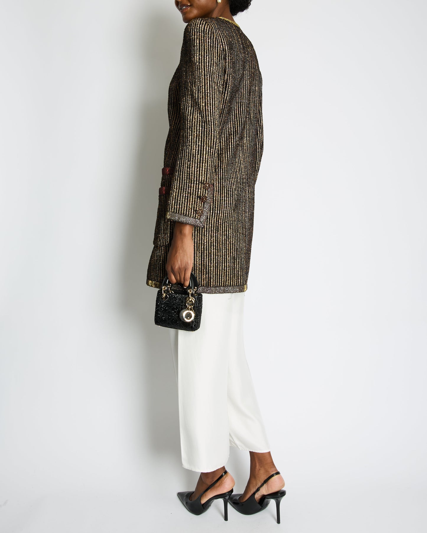 Chanel Cruise Black, Red and Gold Tweed Longline Jacket with Metallic Trim Detail FR 40 (UK 12) RRP £2460