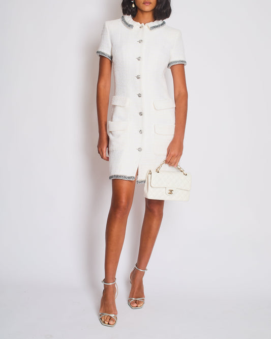 Chanel *HOT* White Tweed Short-Sleeve Mini Dress with Silver Buttons and Embellishments Details FR 42 (UK 14) RRP £5,250