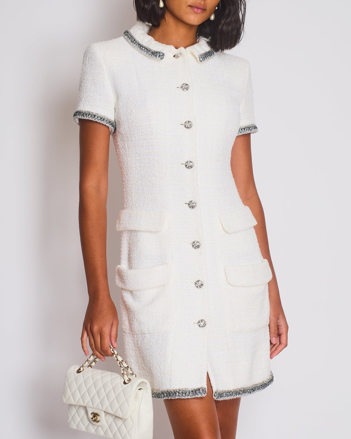 Chanel *HOT* White Tweed Short-Sleeve Mini Dress with Silver Buttons and Embellishments Details FR 42 (UK 14) RRP £5,250