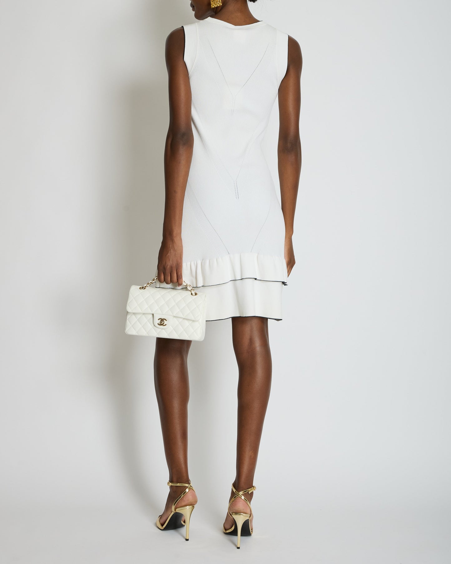 Chanel Cream Sleeveless Knitted Short Dress with Silver CC Logo Button and Navy Hem Details Size FR 36 (UK 8)