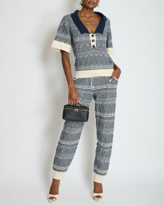 Chanel Cruise 2013 Navy Blue and White Cashmere Top and Tro rs Set with CC Logo Buttons Size FR 36/38 (UK 8/10) Accessory