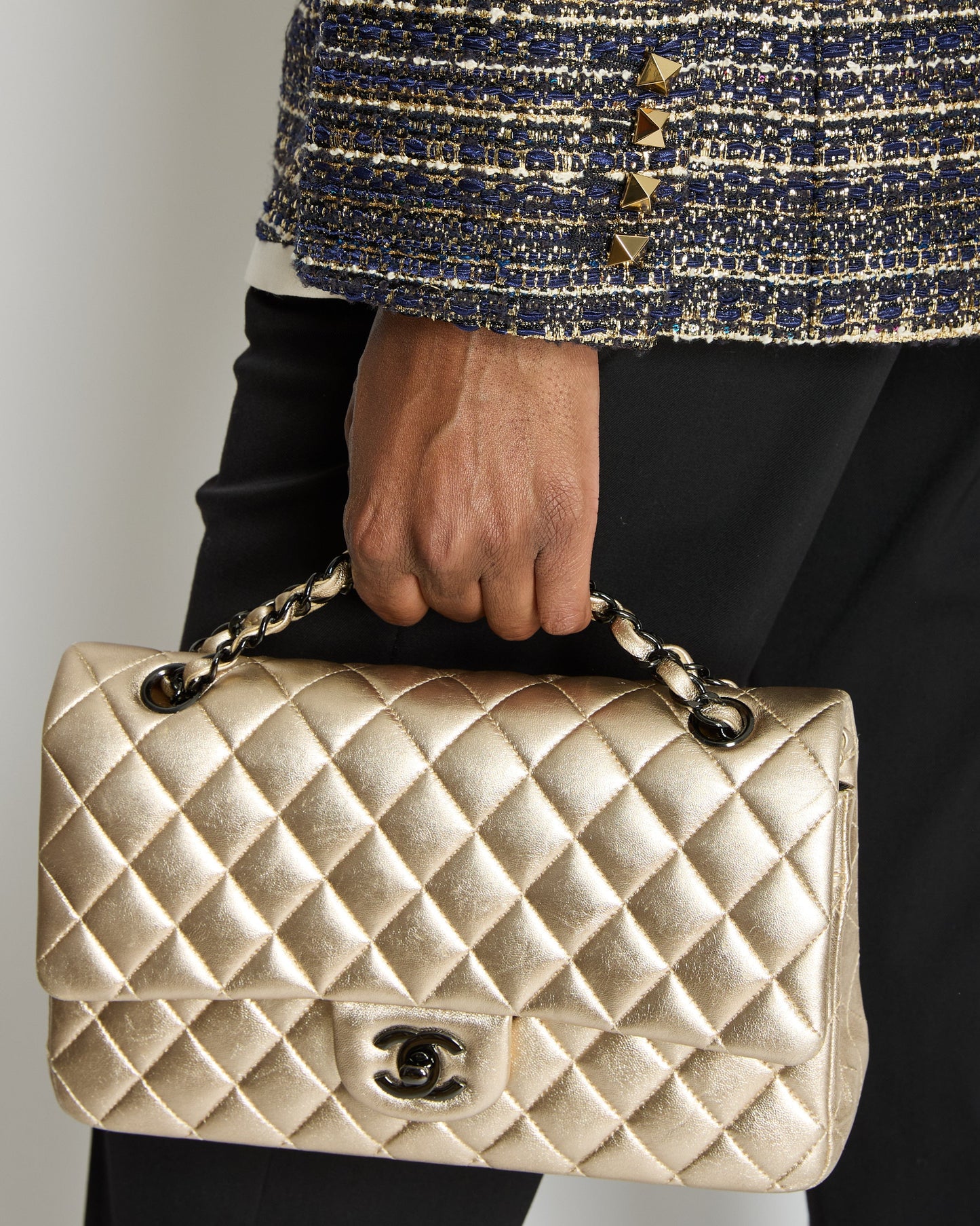 Chanel * RARE* Metallic Gold Medium Classic Double Flap Bag in Lambskin Leather with Black Hardware