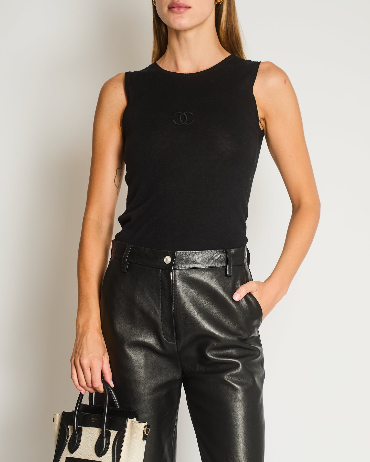 Chanel Black Sleeveless Cotton Top with Stitched Logo and Gold Logo Buttons on the Shoulder Size FR 36 (UK 8) Accessory