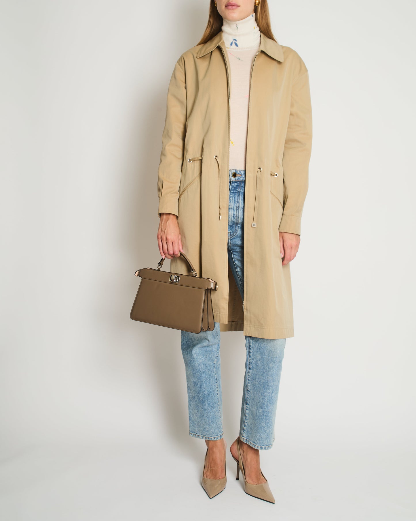Chanel Beige Cotton Long Line Belted Trench Coat with Collar and Silver Logo Zip Size FR 40 (UK 12)