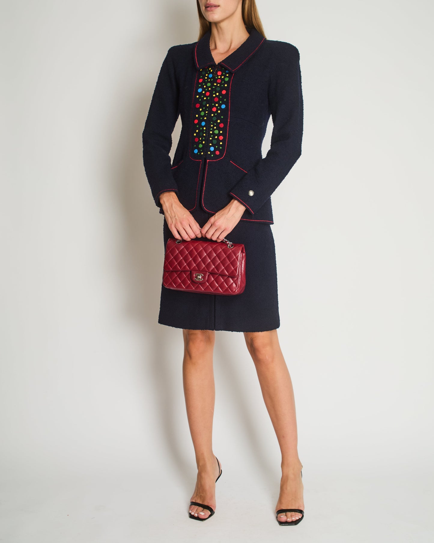Chanel Navy Wool Long Sleeve Jacket and Pencil Skirt Set with Red, Blue, Green and Yellow Neckline Applique Detail Size FR 38 (UK 10)