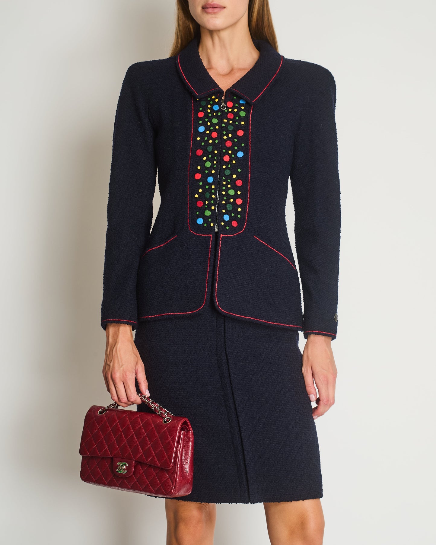 Chanel Navy Wool Long Sleeve Jacket and Pencil Skirt Set with Red, Blue, Green and Yellow Neckline Applique Detail Size FR 38 (UK 10)