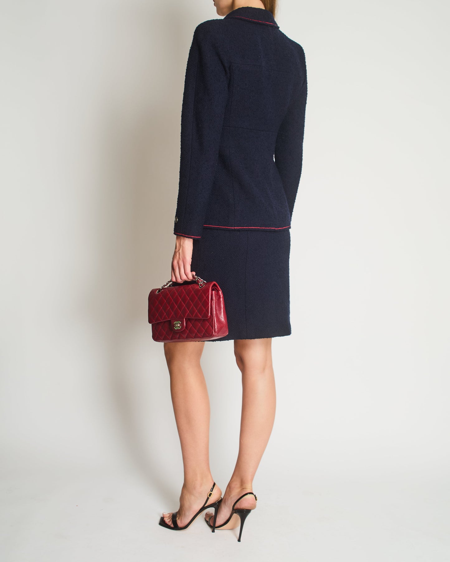 Chanel Navy Wool Long Sleeve Jacket and Pencil Skirt Set with Red, Blue, Green and Yellow Neckline Applique Detail Size FR 38 (UK 10)