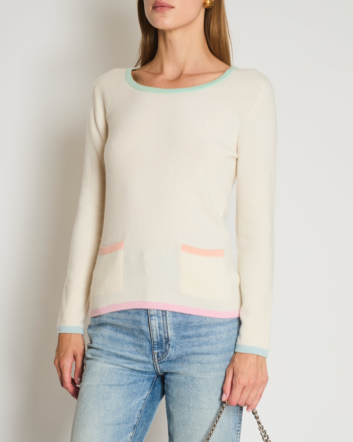 Chanel Cruise 1998 Cream and Pastel Multicolour Cashmere Jumper with Back CC Logo Detail Size FR 42 (UK 14) Accessory
