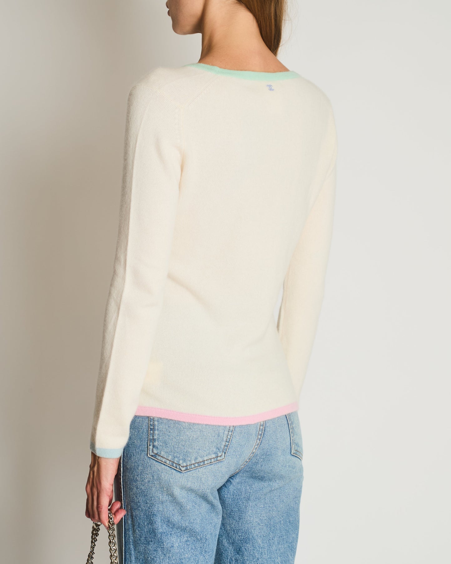 Chanel Cruise 1998 Cream and Pastel Multicolour Cashmere Jumper with Back CC Logo Detail Size FR 42 (UK 14) Accessory
