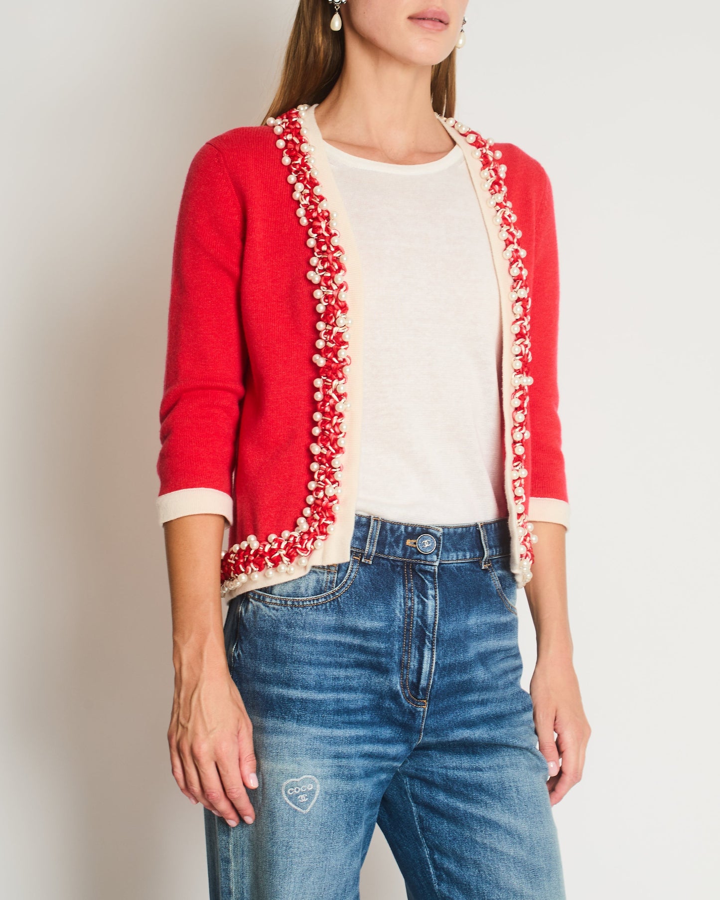 Chanel Red Knitted Long Sleeve Cardigan with Pearls & Cream Braided Trim Details FR 36 (UK 8) Apparel