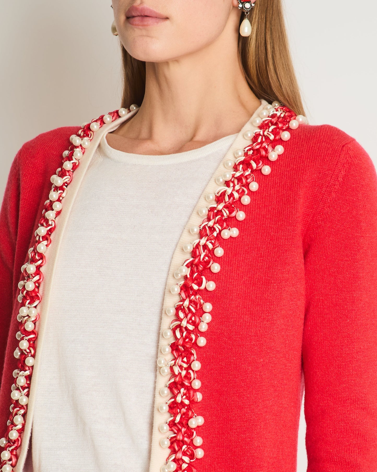 Chanel Red Knitted Long Sleeve Cardigan with Pearls & Cream Braided Trim Details FR 36 (UK 8) Apparel