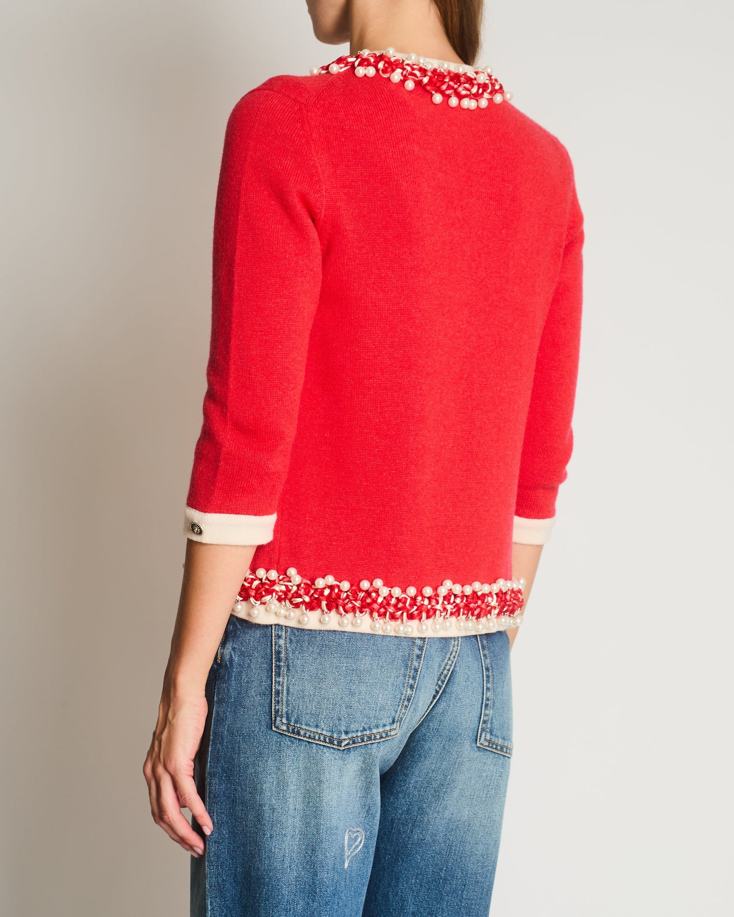 Chanel Red Knitted Long Sleeve Cardigan with Pearls & Cream Braided Trim Details FR 36 (UK 8) Apparel