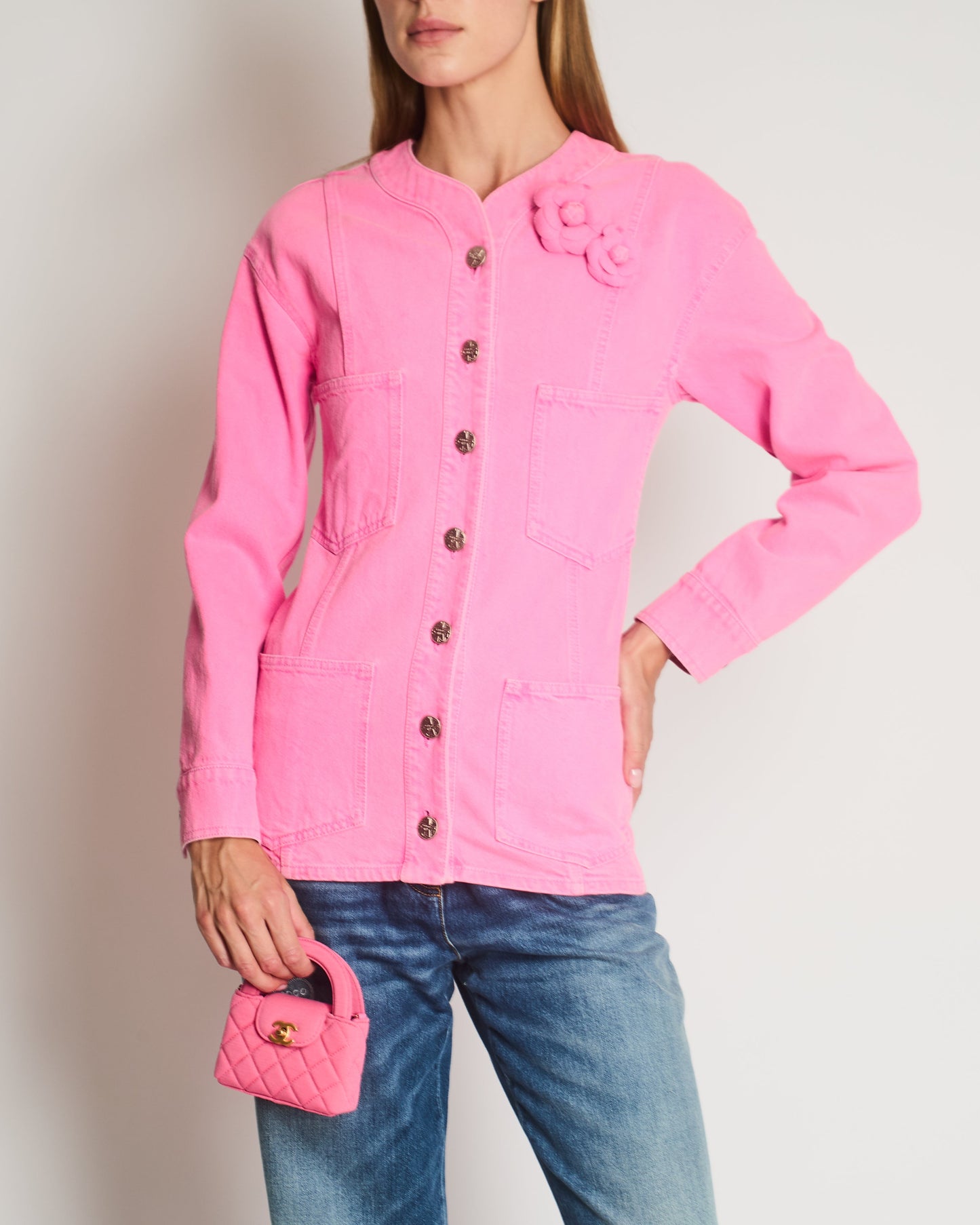 Chanel *HOT* Hot Pink Denim Jacket with Detachable Camelia Pin Detail Size FR 34 (UK 6)