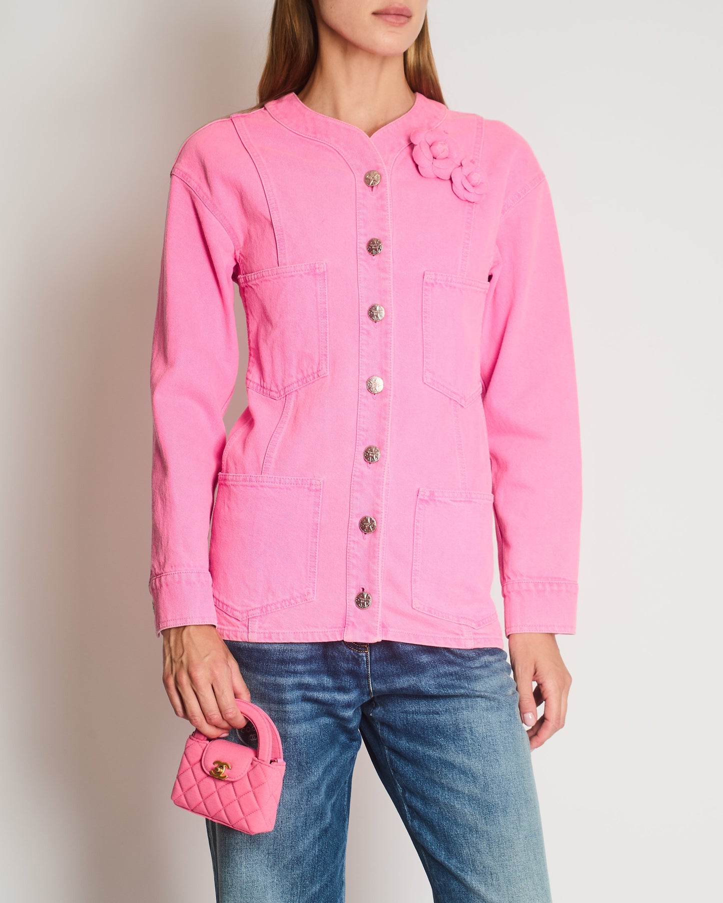 Chanel *HOT* Hot Pink Denim Jacket with Detachable Camelia Pin Detail Size FR 34 (UK 6)