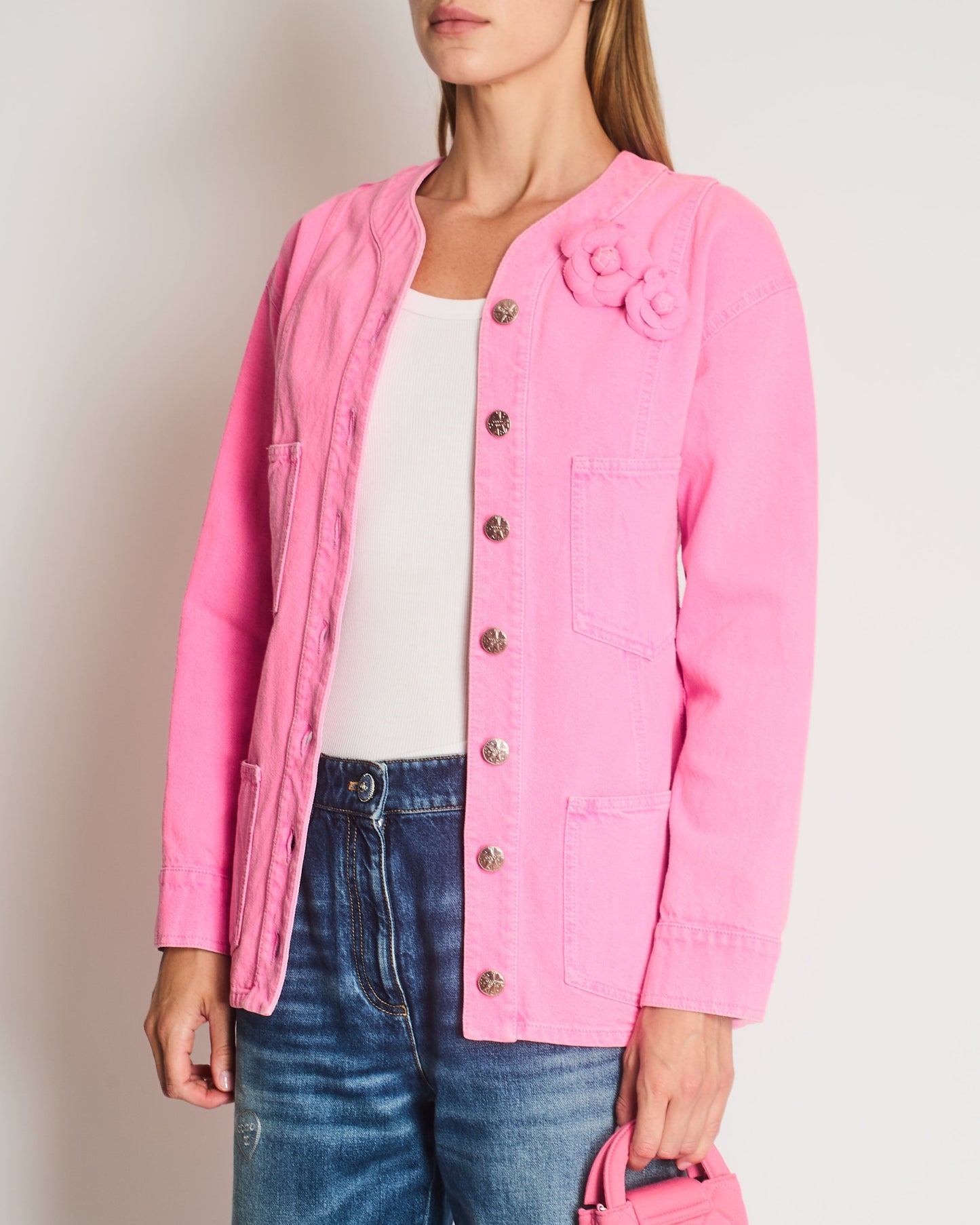Chanel *HOT* Hot Pink Denim Jacket with Detachable Camelia Pin Detail Size FR 34 (UK 6)