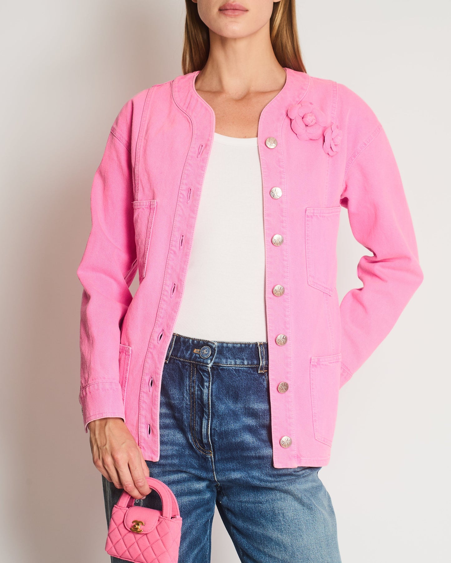 Chanel *HOT* Hot Pink Denim Jacket with Detachable Camelia Pin Detail Size FR 34 (UK 6)