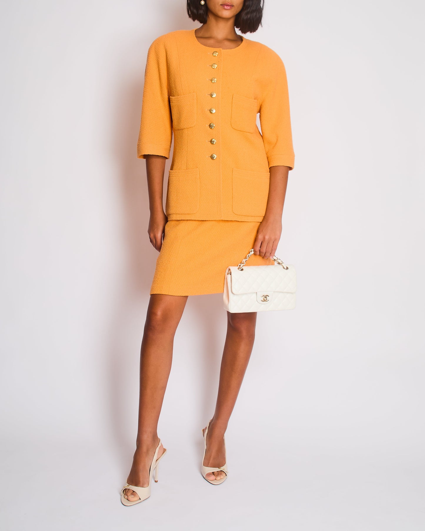 Chanel Orange Jacket and Skirt Set with Gold CC Buttons Size FR 42 (UK 14)