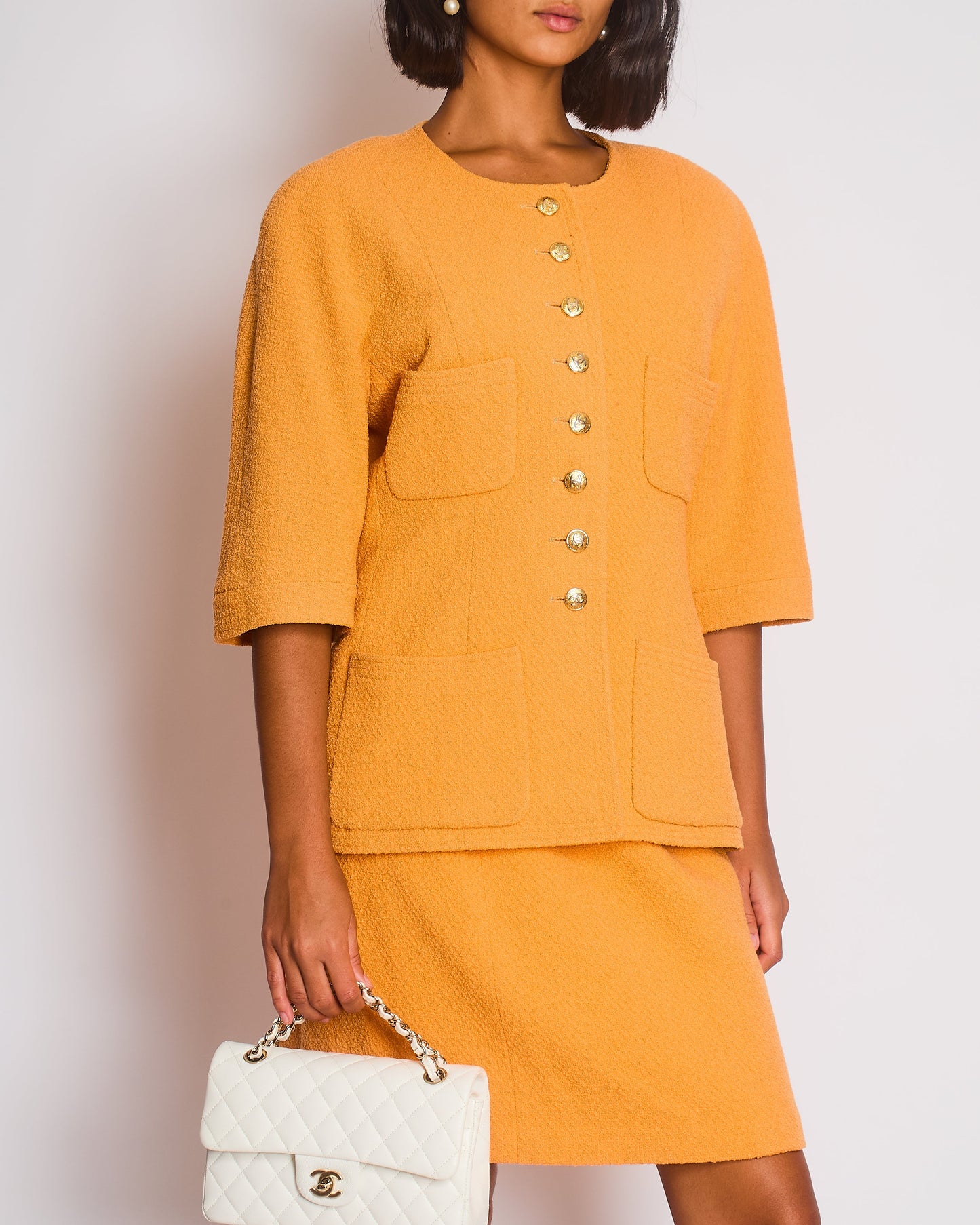 Chanel Orange Jacket and Skirt Set with Gold CC Buttons Size FR 42 (UK 14)