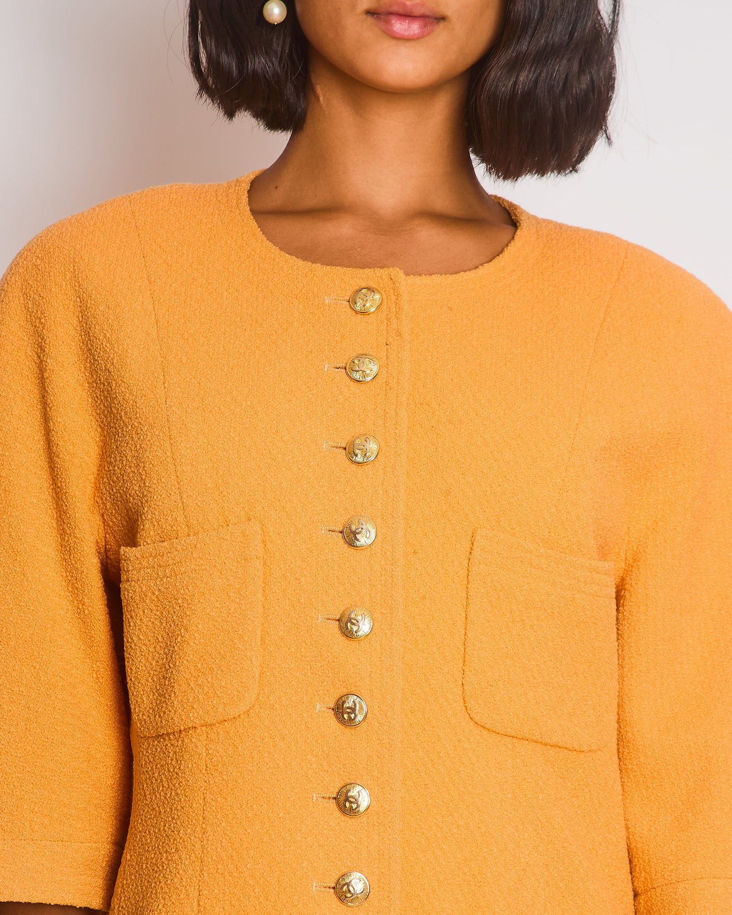 Chanel Orange Jacket and Skirt Set with Gold CC Buttons Size FR 42 (UK 14)