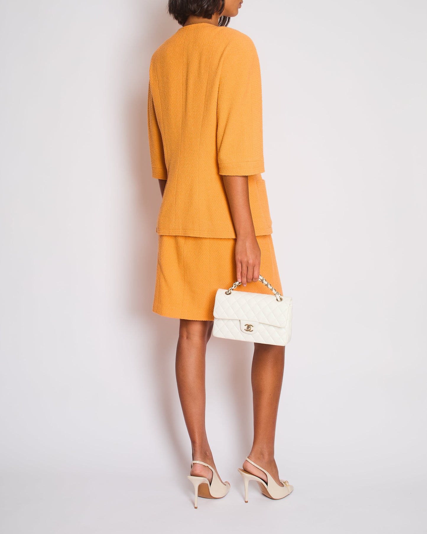Chanel Orange Jacket and Skirt Set with Gold CC Buttons Size FR 42 (UK 14)