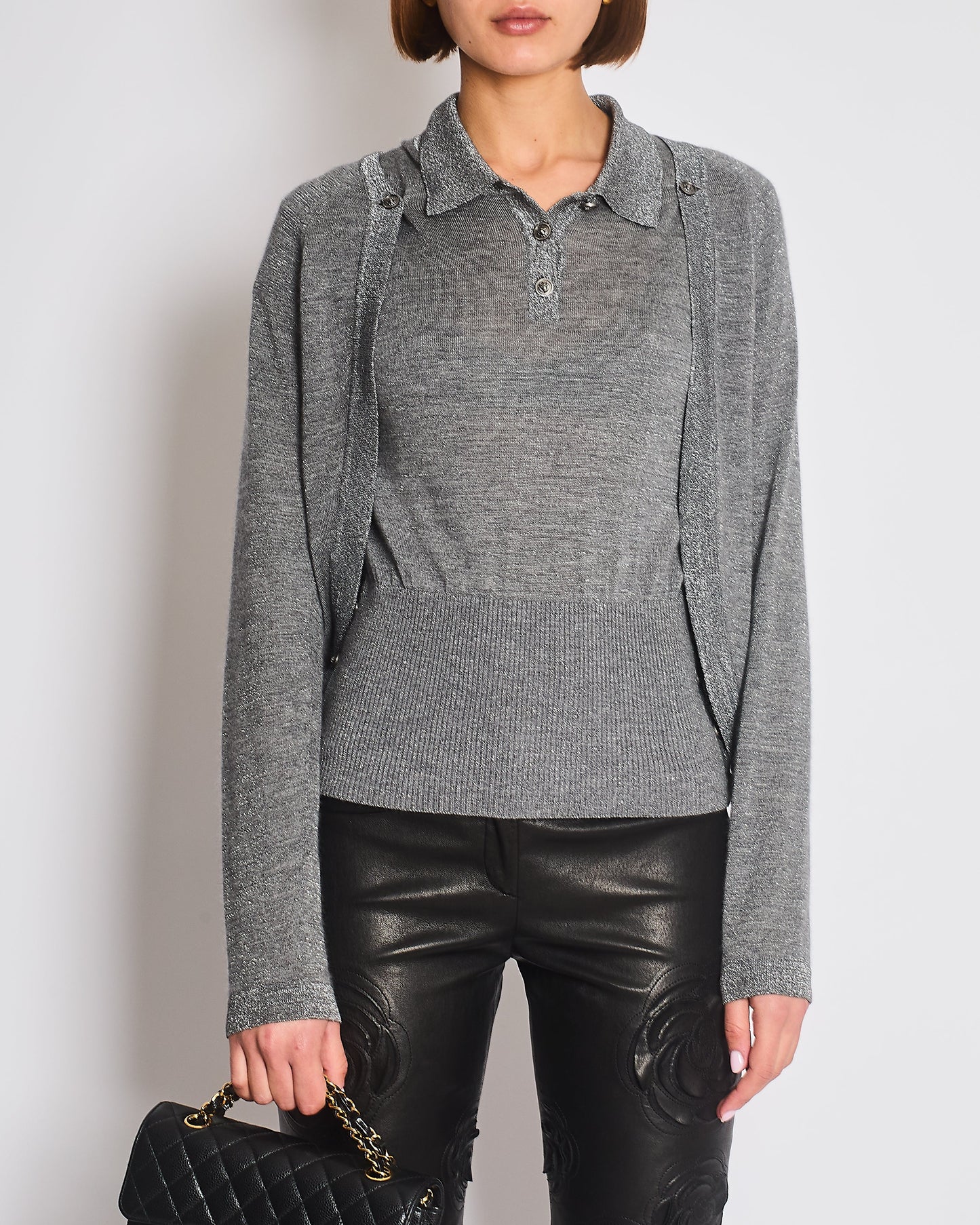 Chanel Grey Two Piece Cashmere Detachable Top and Cardigan Set with Silver Metallic Details Size FR 40 (UK 12) Apparel