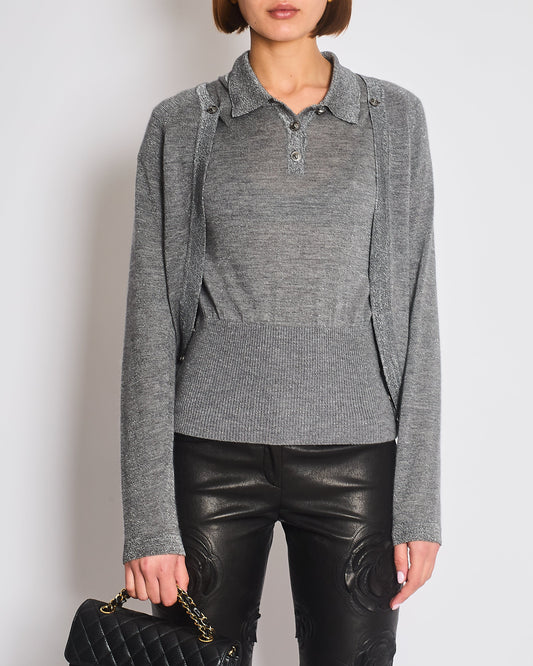 Chanel Grey Two Piece Cashmere Detachable Top and Cardigan Set with Silver Metallic Details Size FR 40 (UK 12) Apparel