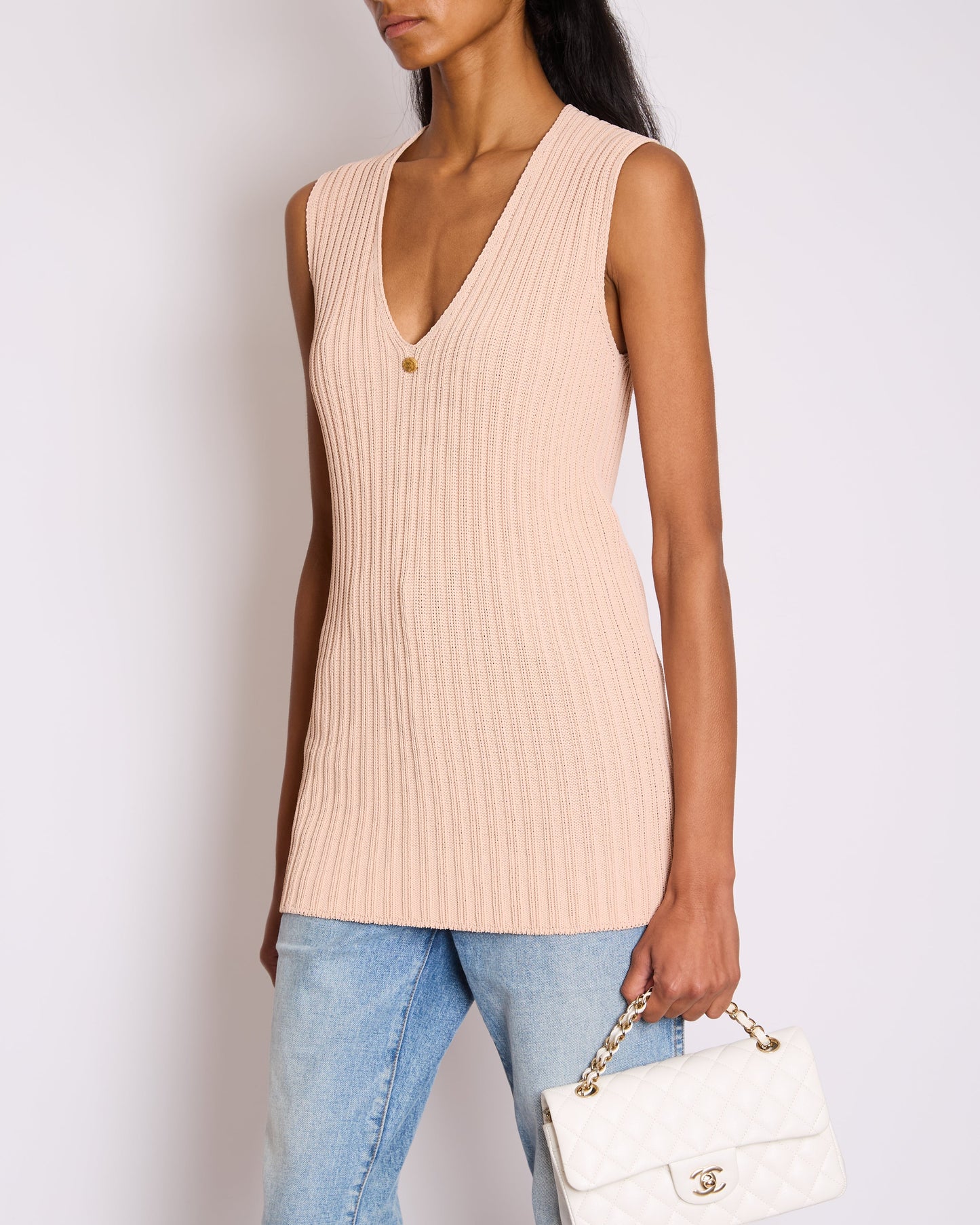 Chanel Baby Pink Knitted Sleeveless Vest with Gold CC Button Detail FR 38 (UK 10) Accessory