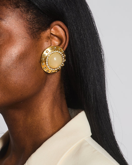 Chanel 2003 Gold Large Round Clip On Earrings with Beige Stone, Stars and Crystal Embellishments Jewelry