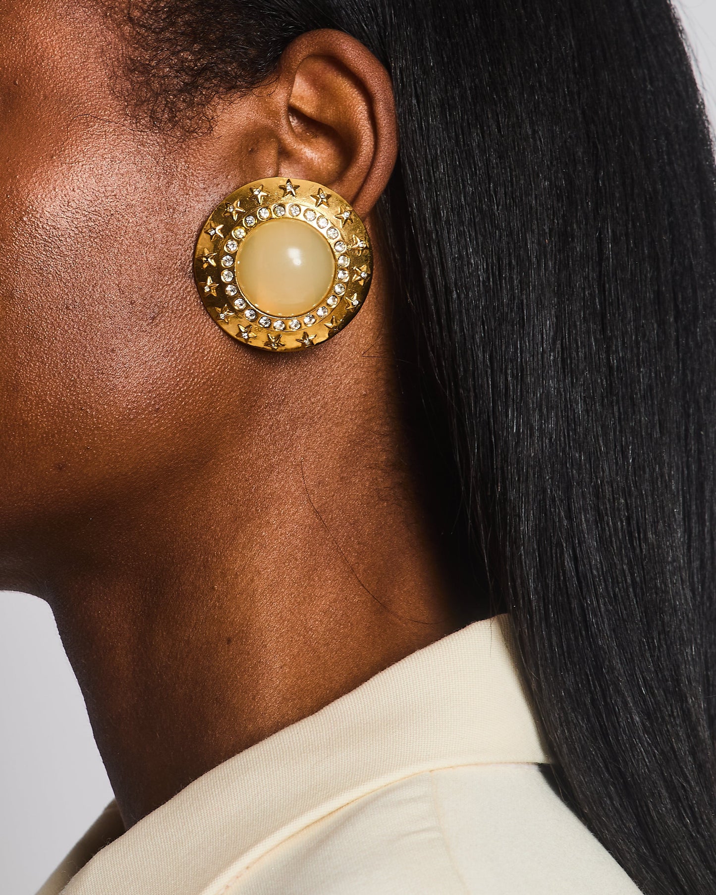 Chanel 2003 Gold Large Round Clip On Earrings with Beige Stone, Stars and Crystal Embellishments Jewelry