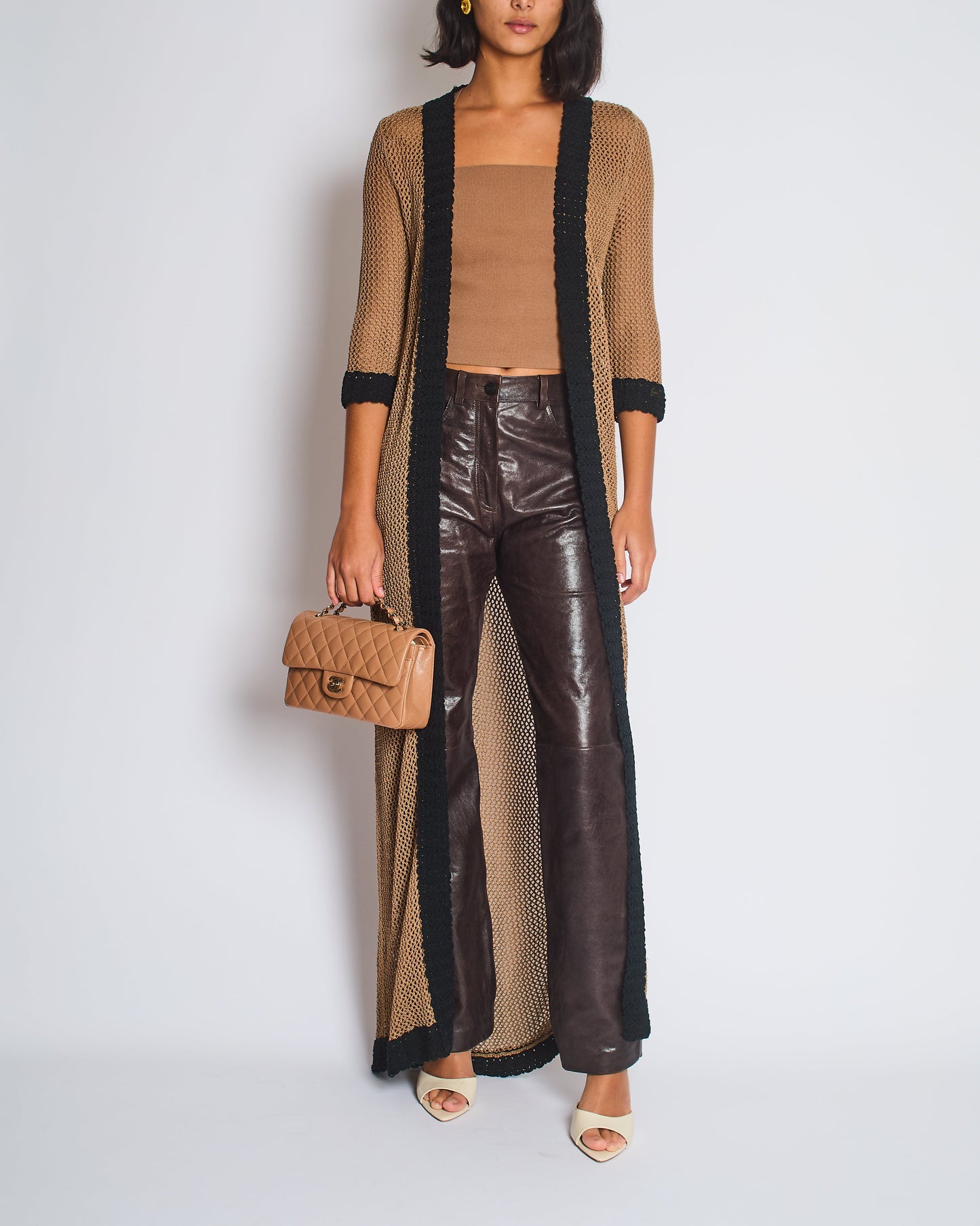 Chanel 03/P Brown Crochet Knitted Long Line Cardigan with Black Trim Detail Size FR 40 (UK 12) Apparel