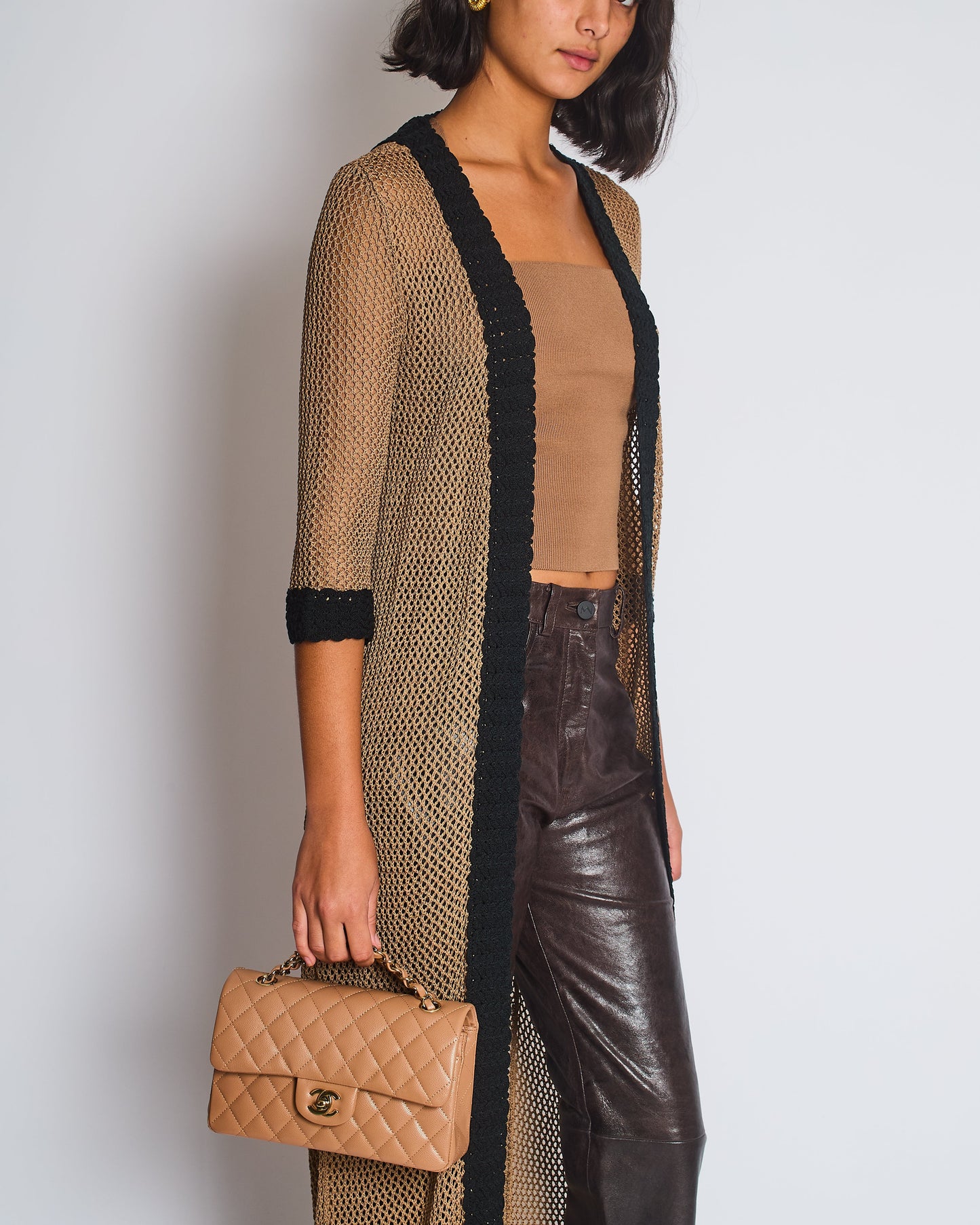 Chanel 03/P Brown Crochet Knitted Long Line Cardigan with Black Trim Detail Size FR 40 (UK 12) Apparel