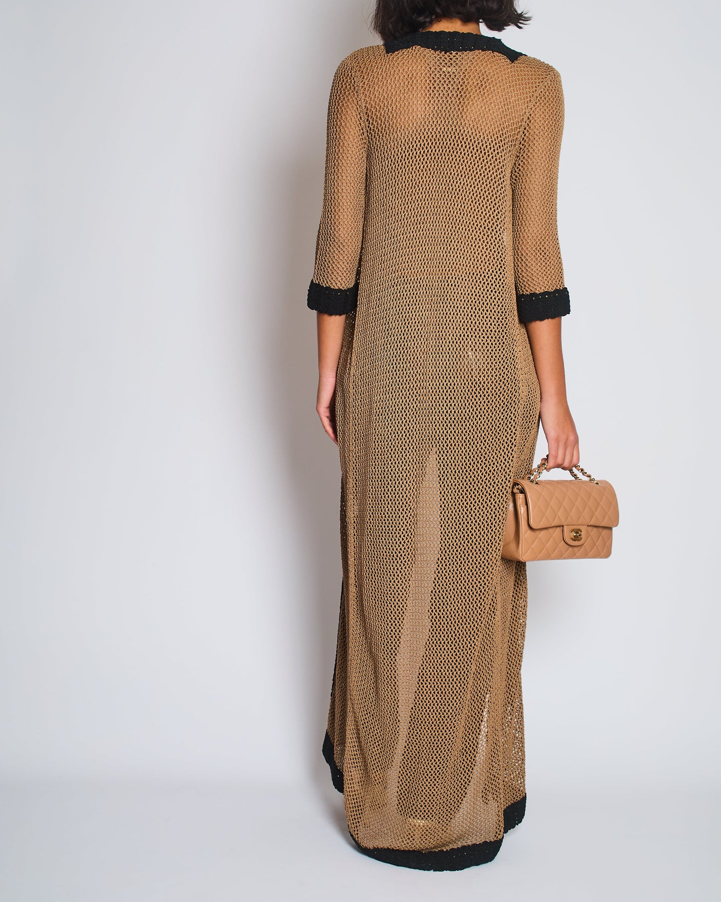 Chanel 03/P Brown Crochet Knitted Long Line Cardigan with Black Trim Detail Size FR 40 (UK 12) Apparel