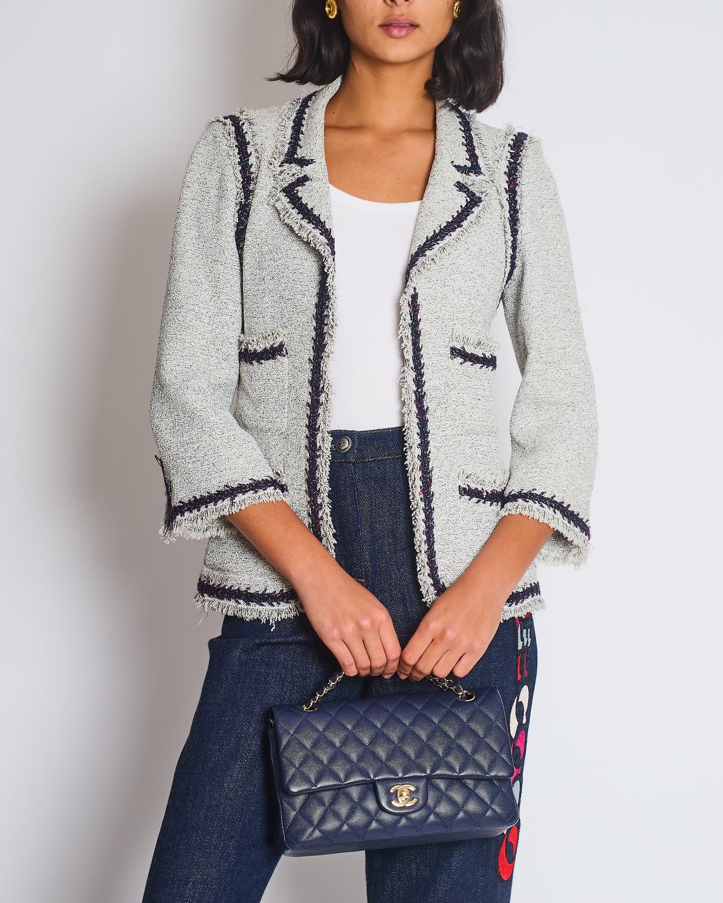 Chanel Light Grey Tweed Jacket with Contrast Navy and Red Tweed Trim with CC Detail Buttons On The Cuff Size FR 38 (UK 10)