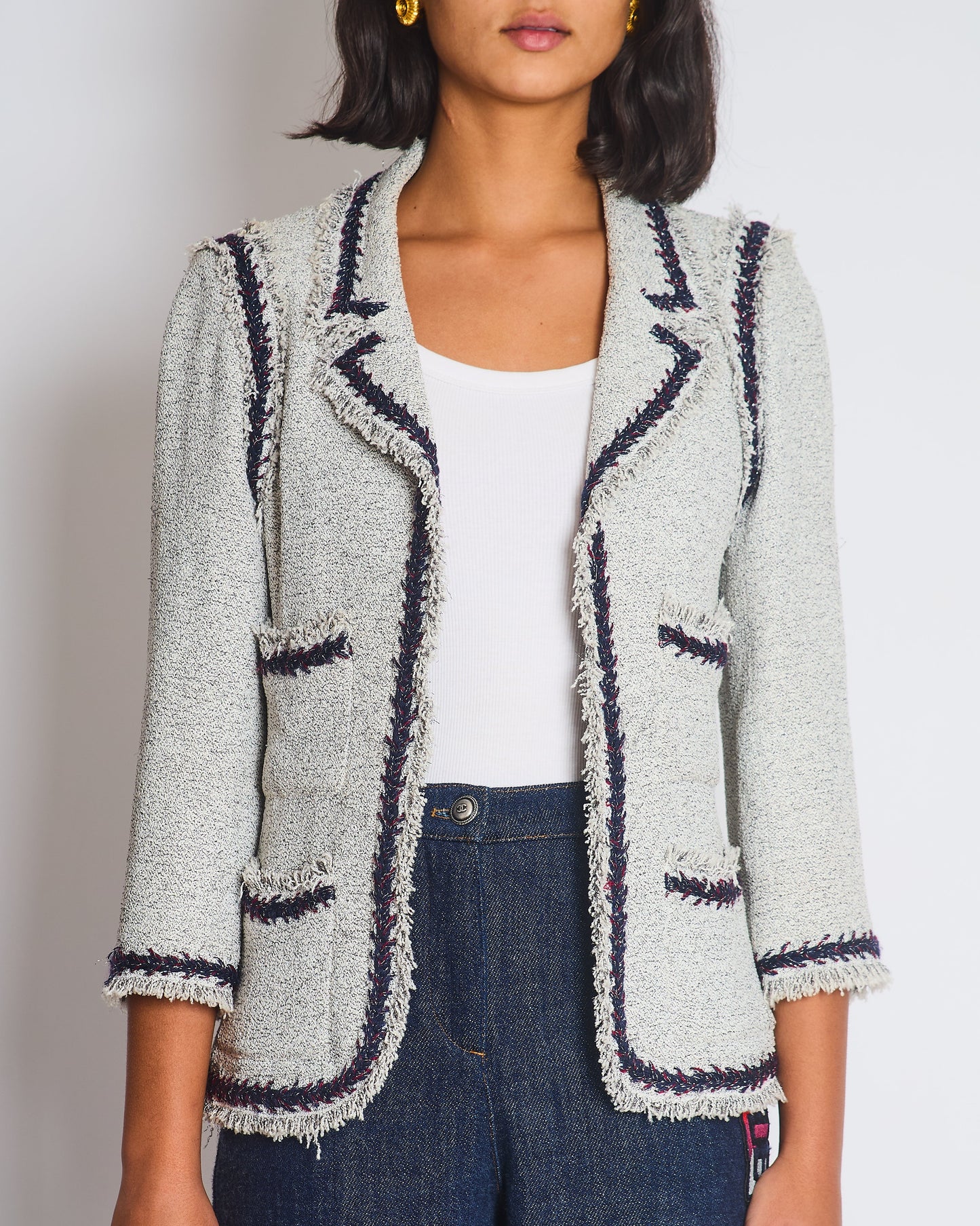 Chanel Light Grey Tweed Jacket with Contrast Navy and Red Tweed Trim with CC Detail Buttons On The Cuff Size FR 38 (UK 10)