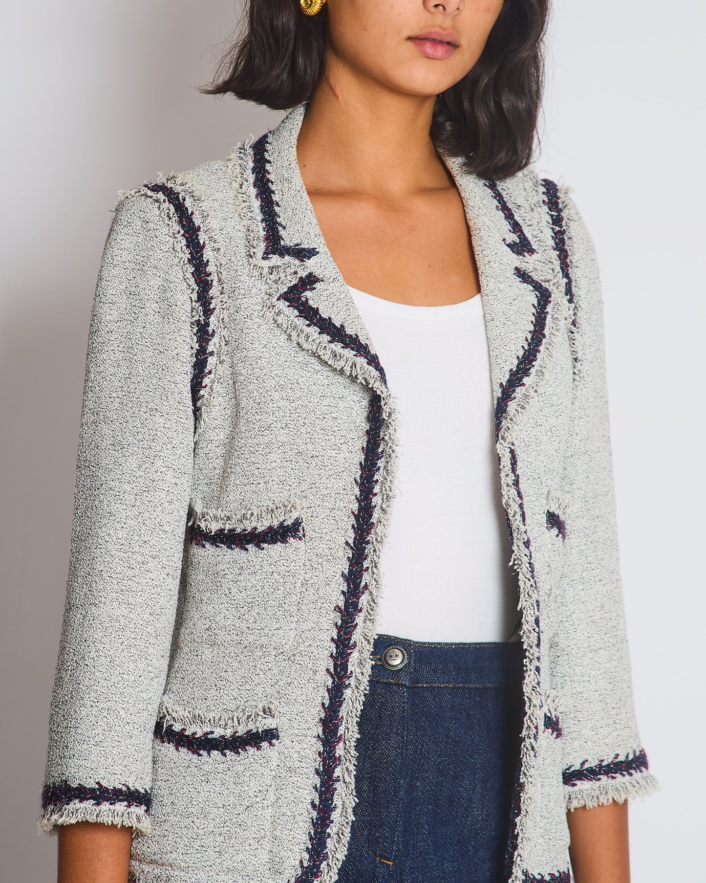 Chanel Light Grey Tweed Jacket with Contrast Navy and Red Tweed Trim with CC Detail Buttons On The Cuff Size FR 38 (UK 10)