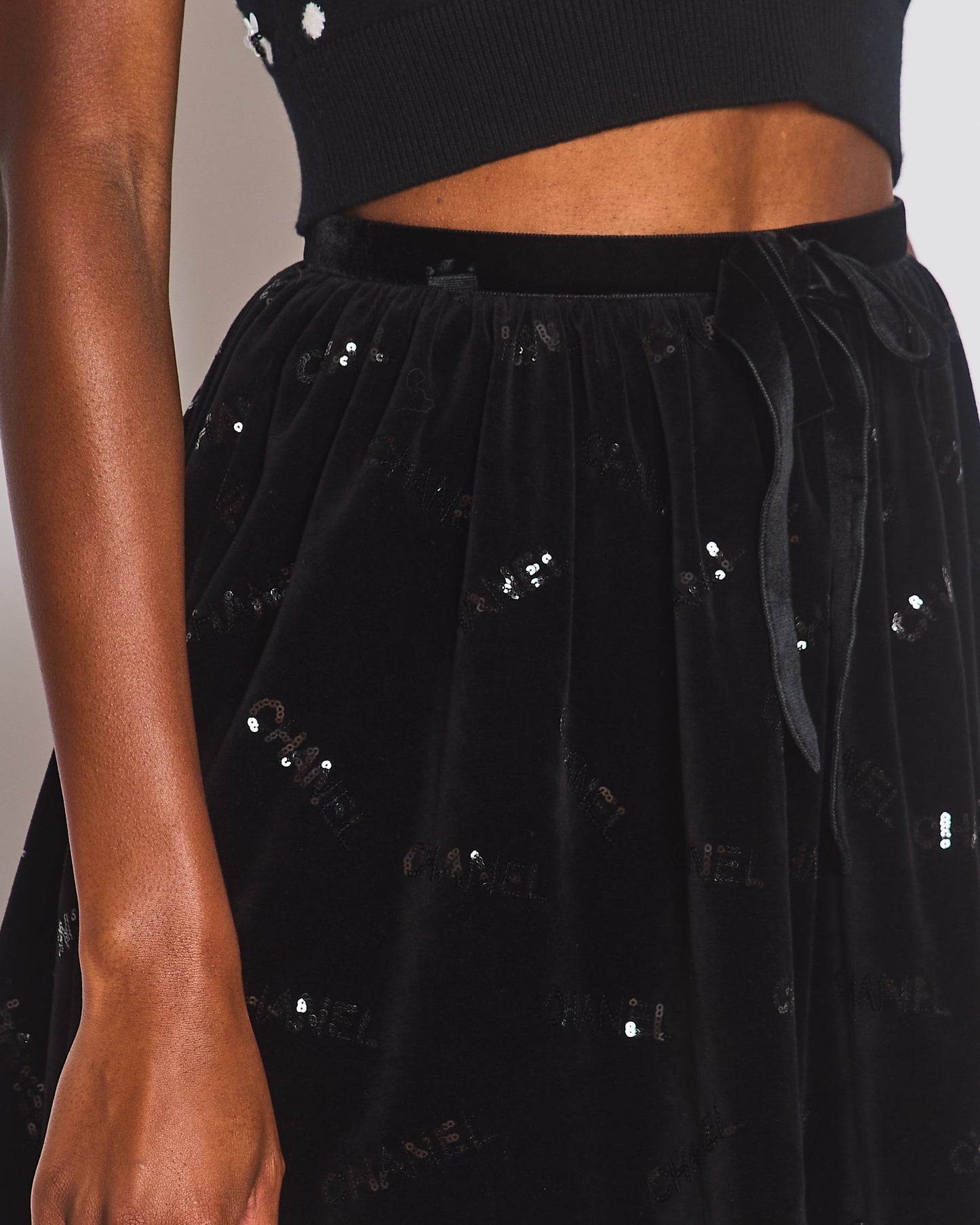 Chanel Black Mini Suede Skirt With Sequin Logo Size FR 34 (UK 6)