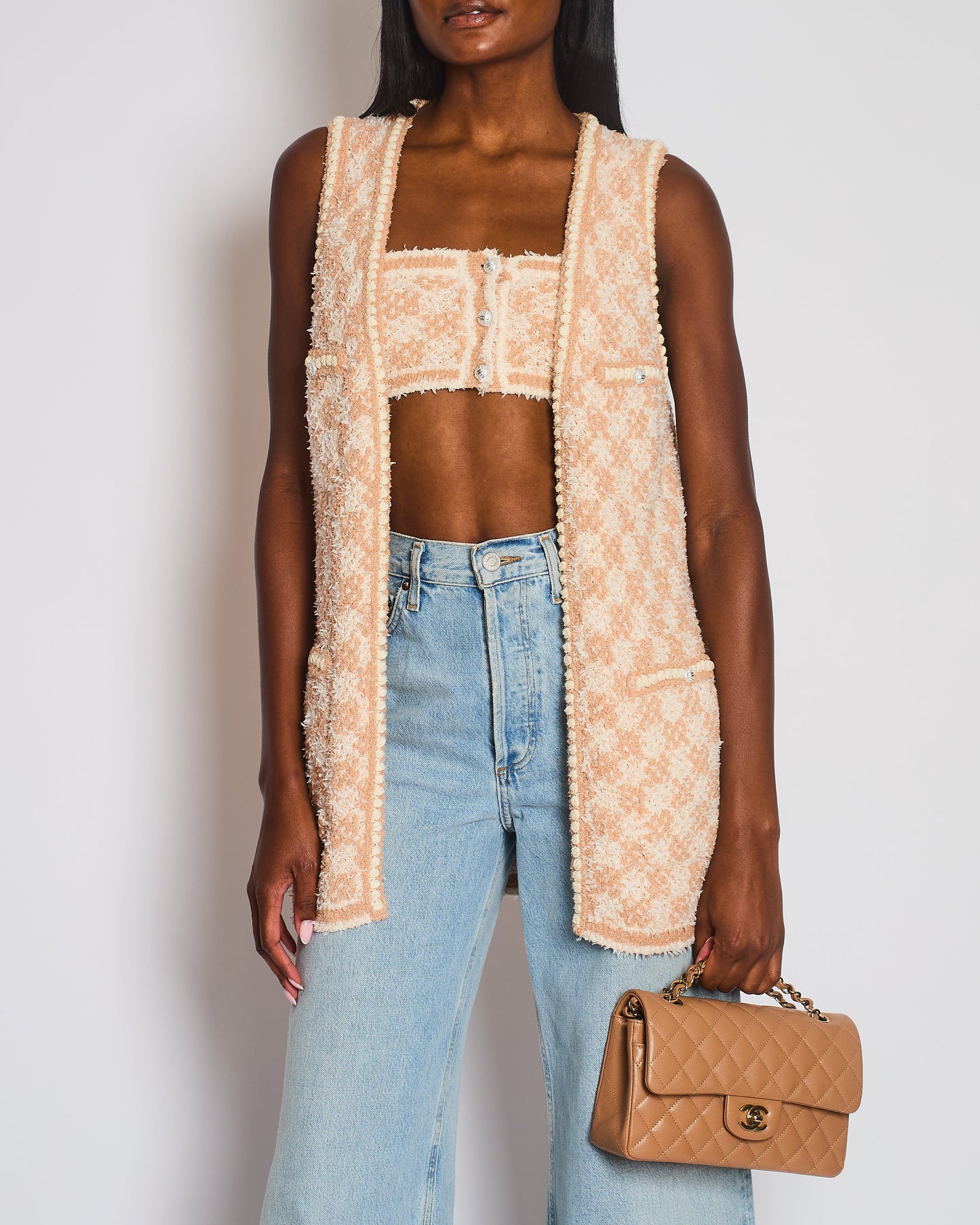 Chanel 23/S Dusty Pink & Ecru Tweed Gilet & Bralette Top with Crystal CC Buttons Detail Size FR 36 (UK 8) Accessory