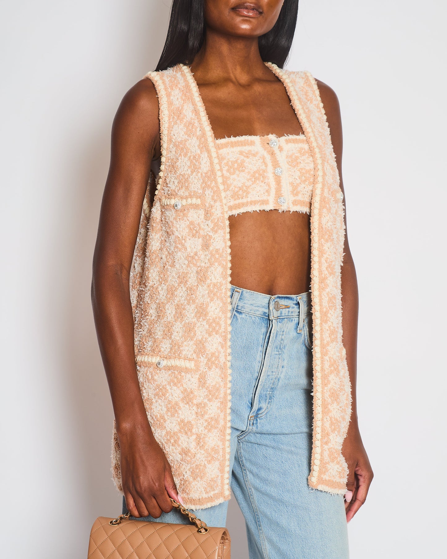 Chanel 23/S Dusty Pink & Ecru Tweed Gilet & Bralette Top with Crystal CC Buttons Detail Size FR 36 (UK 8) Accessory