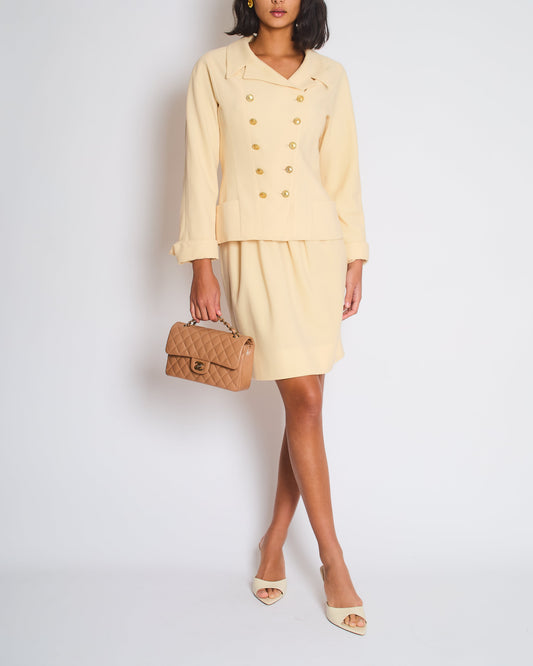Chanel Cream Double Breasted Wool Blazer Jacket and Skirt Set with Gold CC Logo Button Detail FR 36 (UK 8)