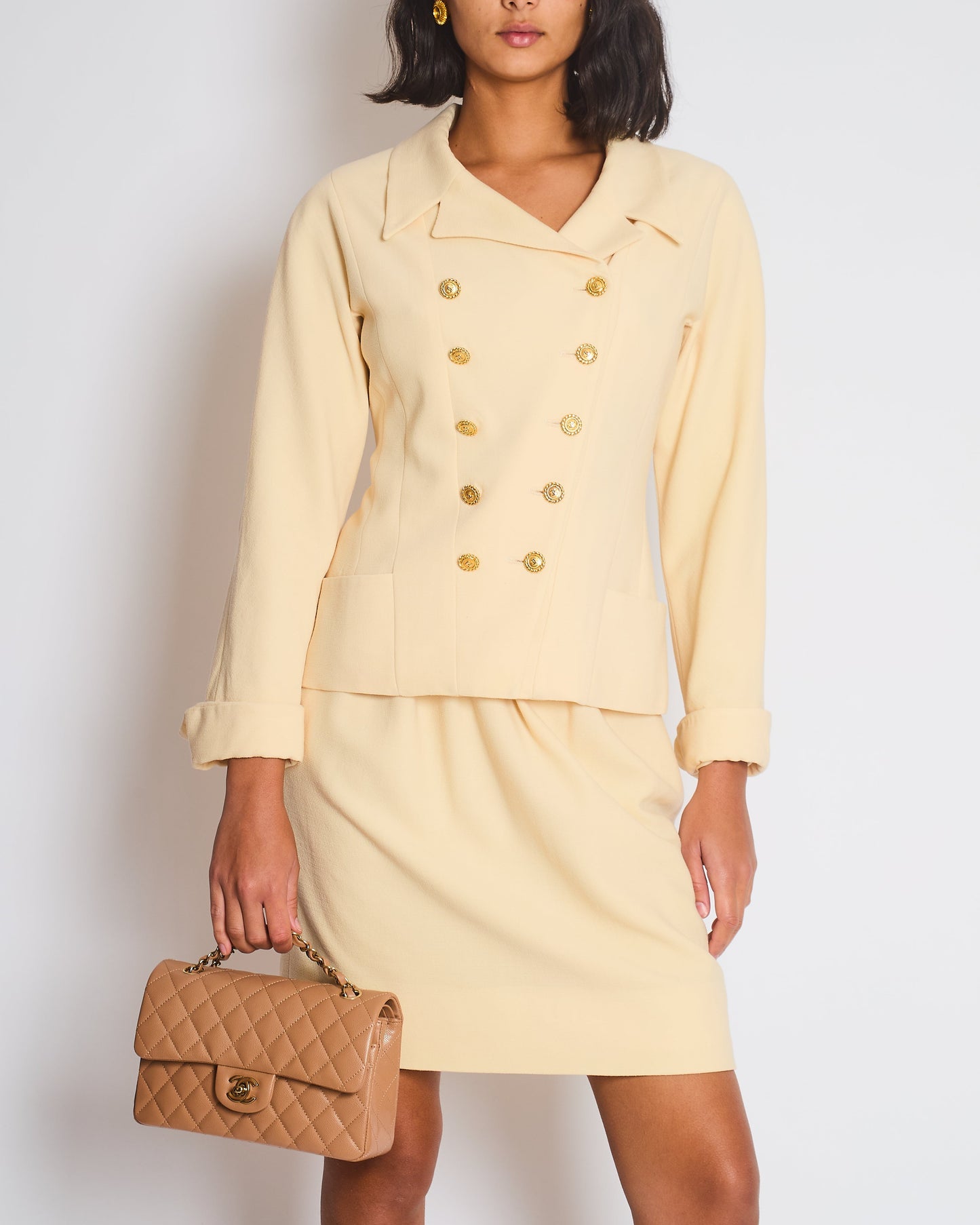 Chanel Cream Double Breasted Wool Blazer Jacket and Skirt Set with Gold CC Logo Button Detail FR 36 (UK 8)