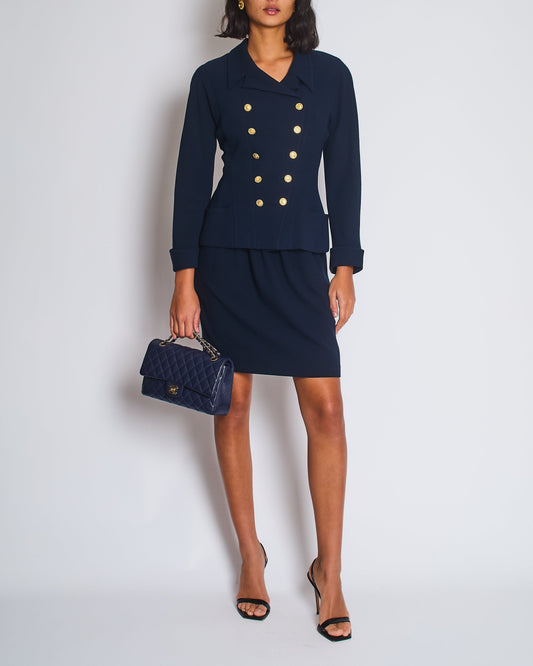 Chanel Navy Double Breasted Wool Blazer Jacket and Skirt Set with Gold CC Logo Button Detail FR 38 (UK 10)
