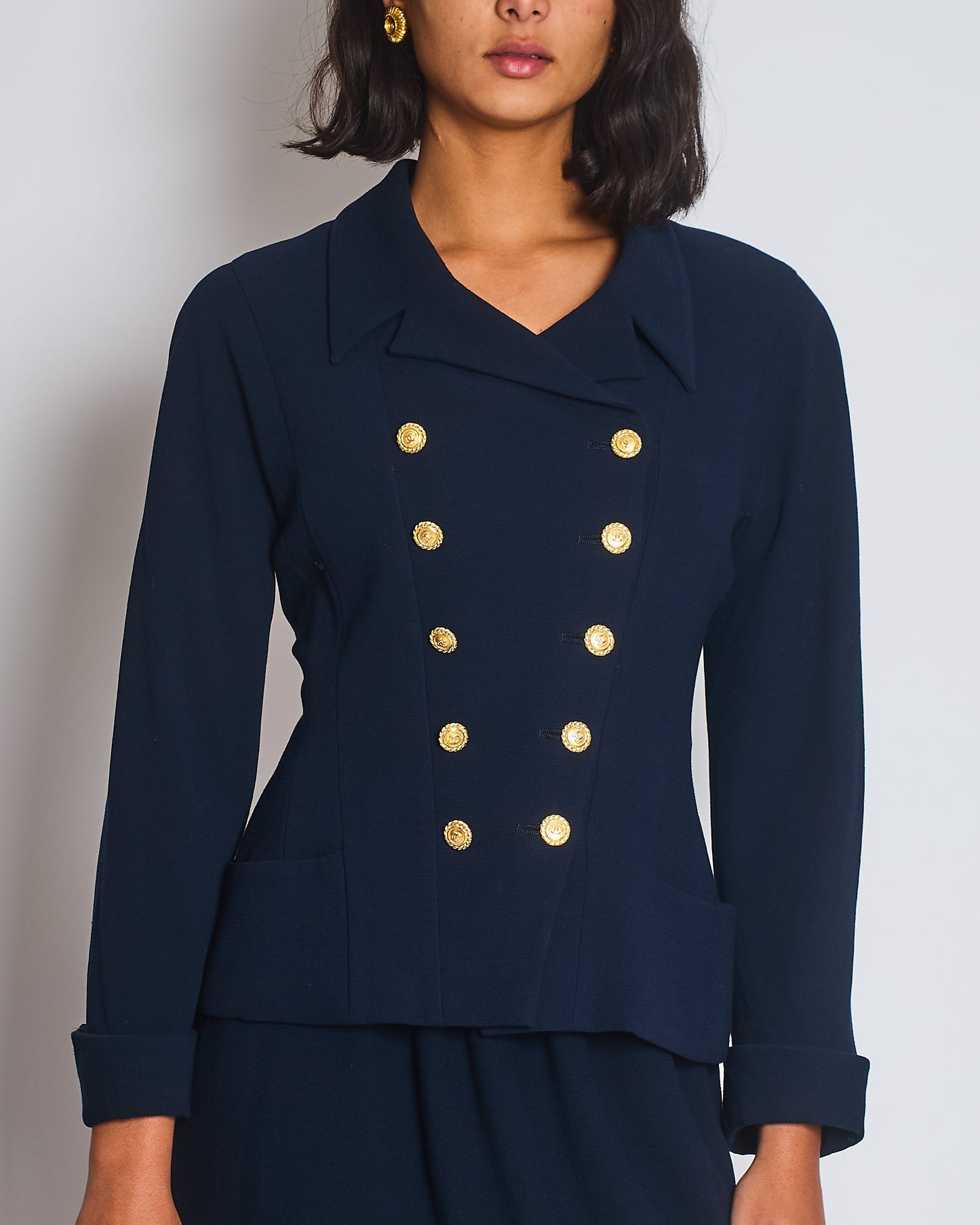Chanel Navy Double Breasted Wool Blazer Jacket and Skirt Set with Gold CC Logo Button Detail FR 38 (UK 10)