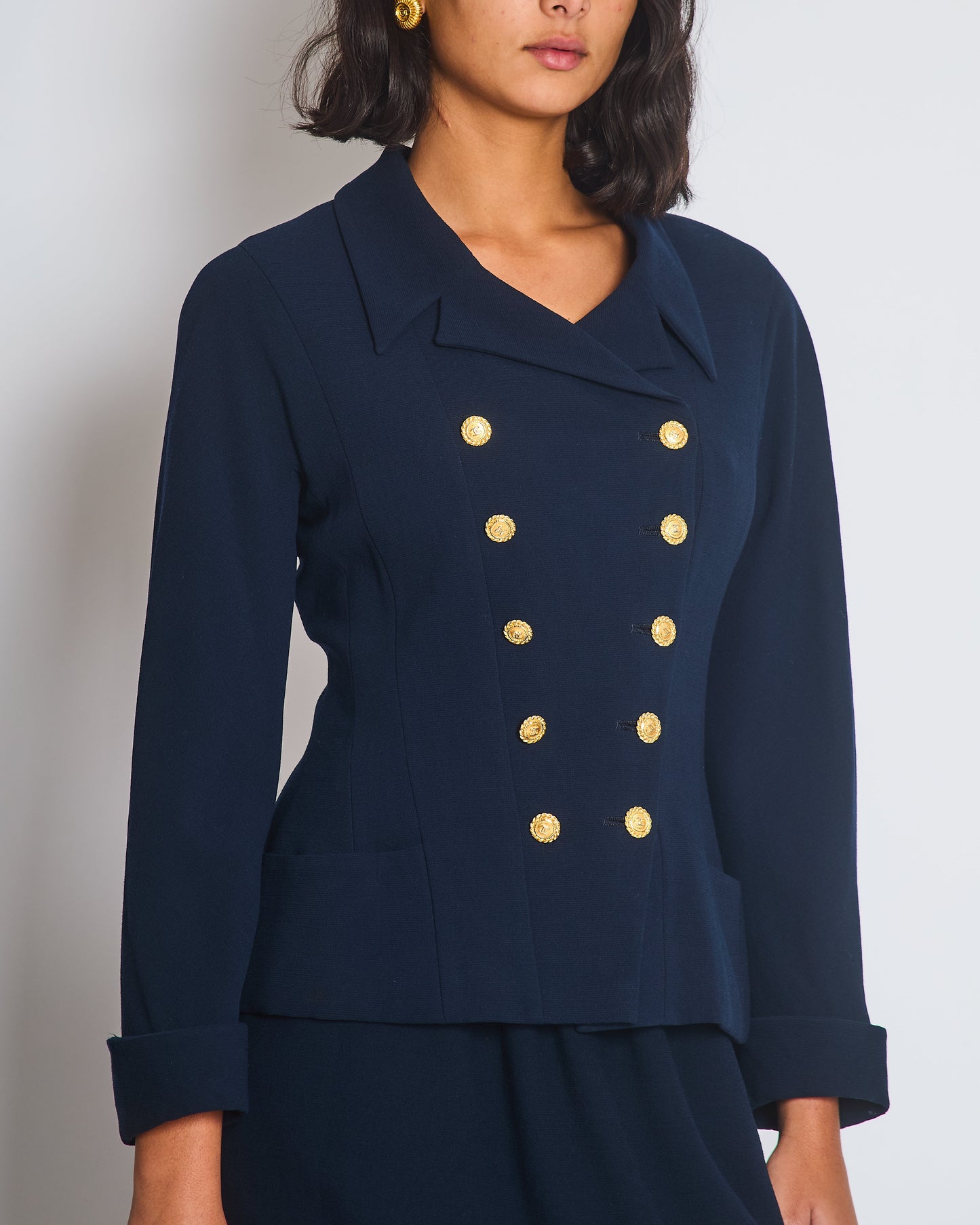 Chanel Navy Double Breasted Wool Blazer Jacket and Skirt Set with Gold CC Logo Button Detail FR 38 (UK 10)